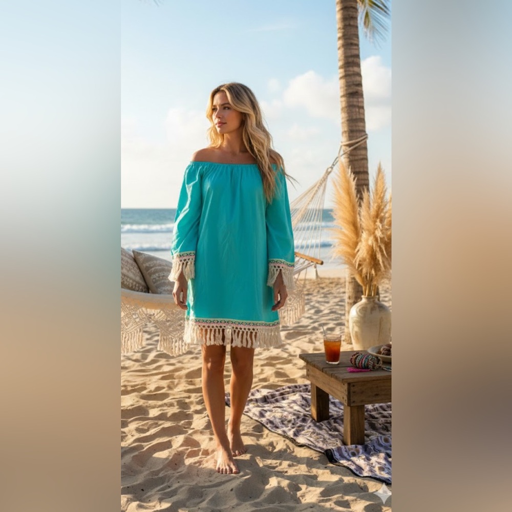 VELZERA Turquoise Off-Shoulder Dress/Cover up with Fringe size large - Picture 2 of 8